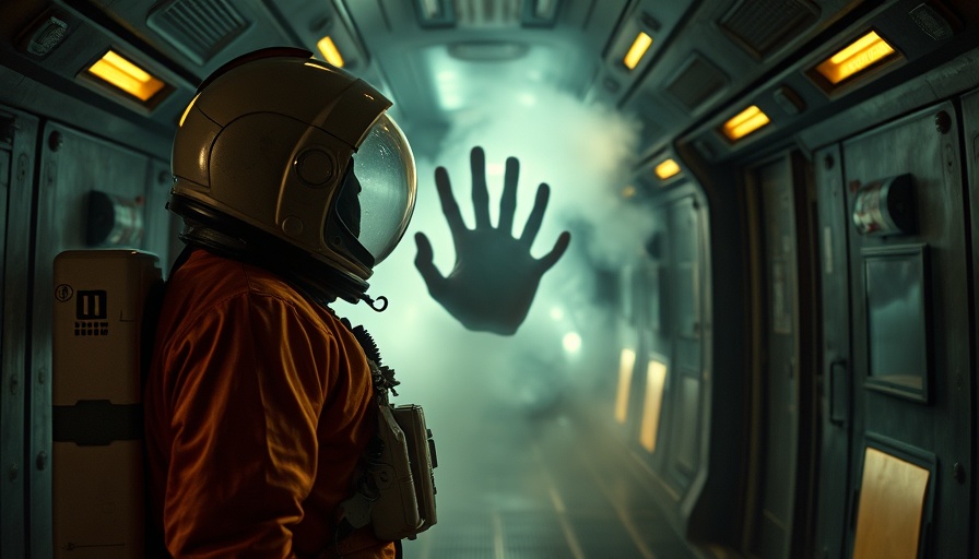 Astronaut and alien encounter in a 1970s sci-fi movie scene