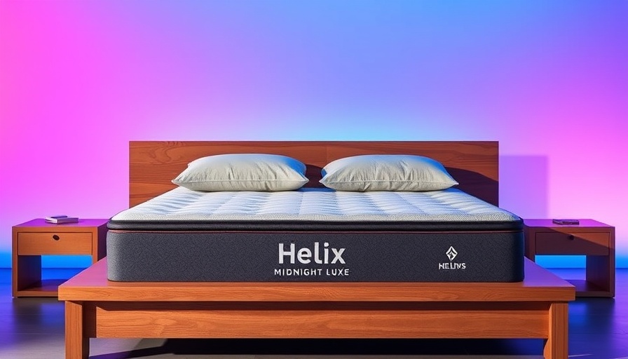 Modern bed featuring Helix Midnight Luxe mattress, vibrant backdrop.