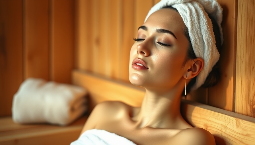 Relaxed woman benefits from full-body red light therapy in sauna.