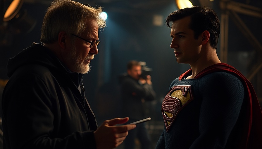 Director and Superman actor in cinematic discussion on set, dimly lit background.