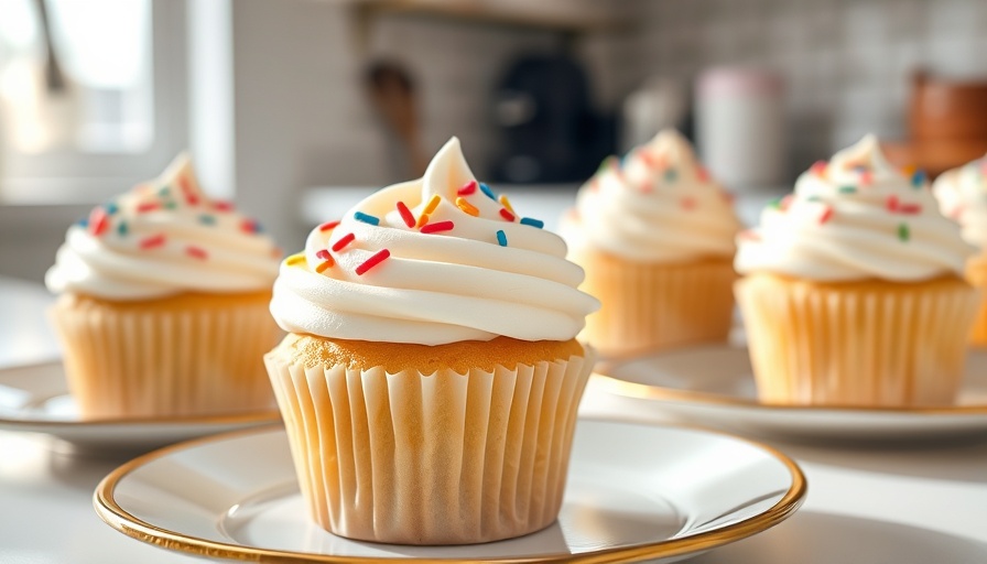 Vanilla cupcakes with frosting and sprinkles in a cozy kitchen setting.