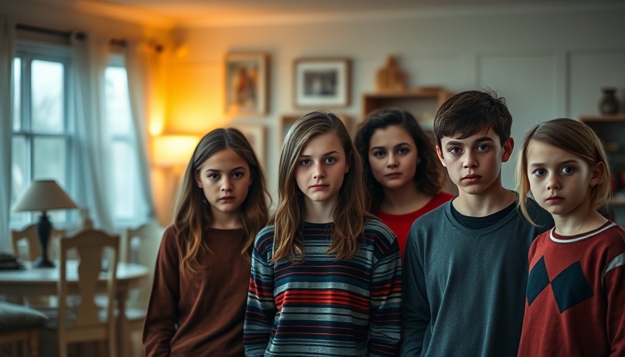 Teenagers stand seriously in a warmly lit room, depicting tension.