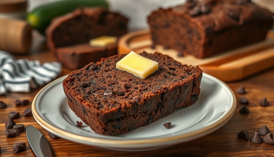 Chocolate zucchini bread slices with butter on a ceramic plate.