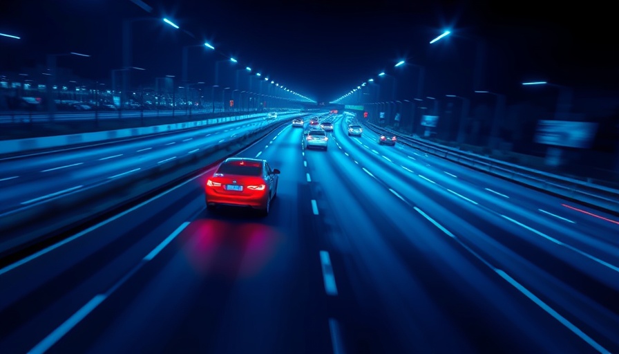 Digital highway illustration with a standout red car among blue vehicles, related to Apple Watch innovations for parents.