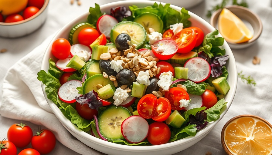 Vibrant summer salad recipe with fresh vegetables in a ceramic bowl.