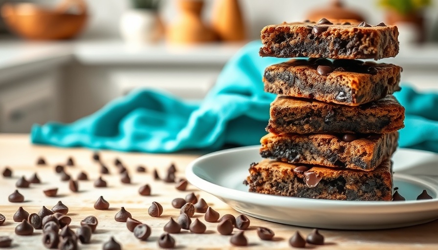 Delicious sheet pan brookies stack on a plate with chocolate chips.