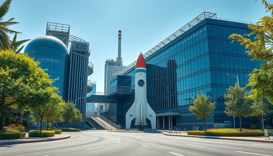 Sleek modern building with rocket, SpaceX structure