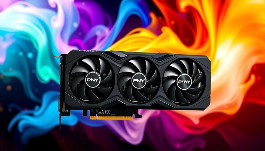 PNY GeForce RTX 5070 Ti graphics card on colorful abstract background.