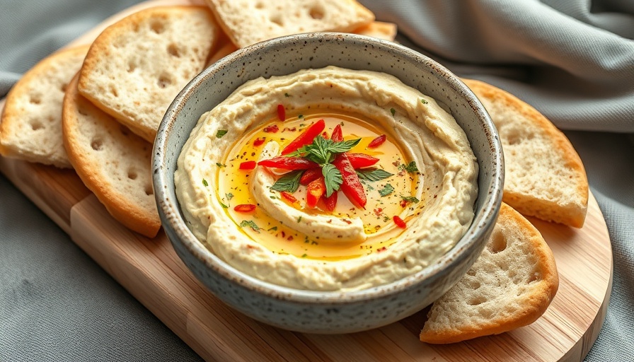 Close-up of creamy baba ganoush recipe garnished with herbs.
