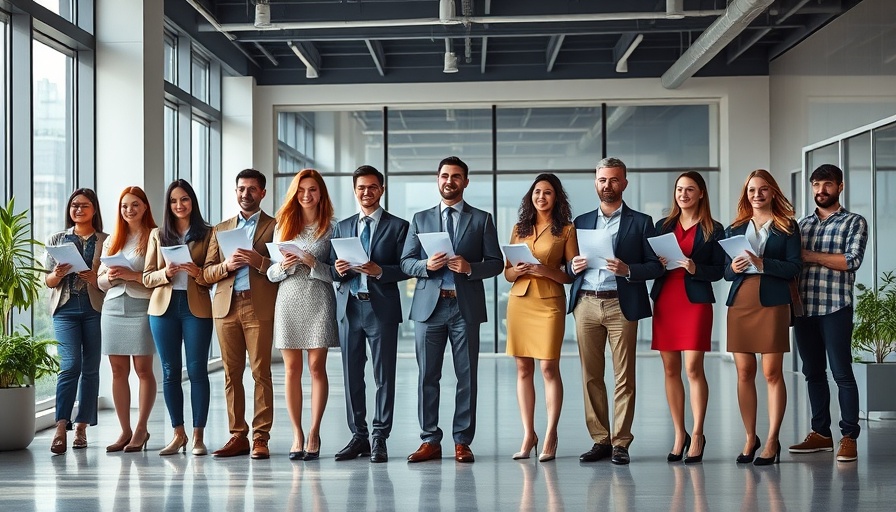 Diverse group registering business in line at office