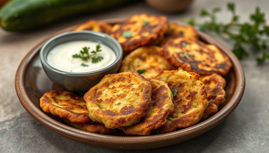 Crispy zucchini fritters with dip on a rustic plate.