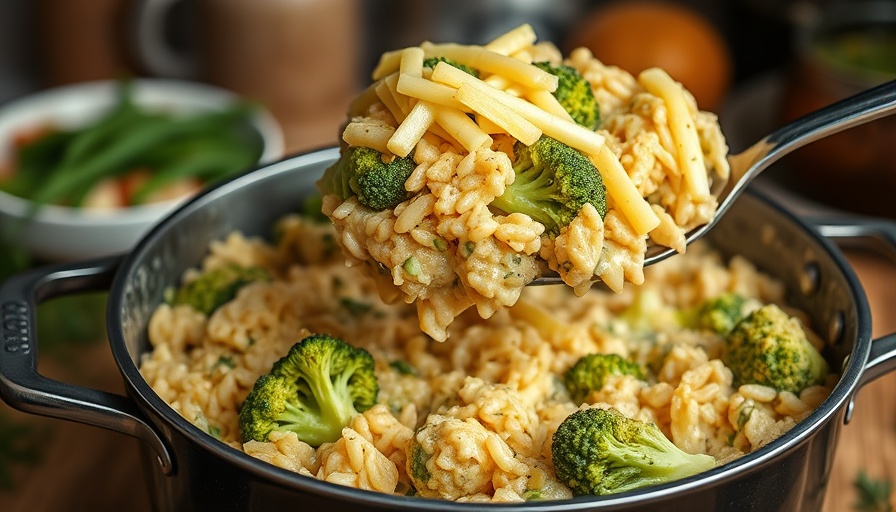 Delicious one pot chicken broccoli & rice being served from pot.