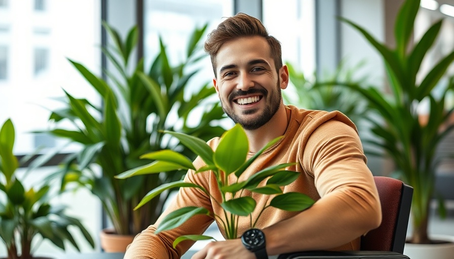 Cheerful man promoting Ecosia stewardship in plant-filled office.