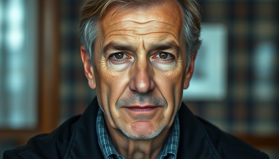 Middle-aged man in black jacket indoors with plaid background.