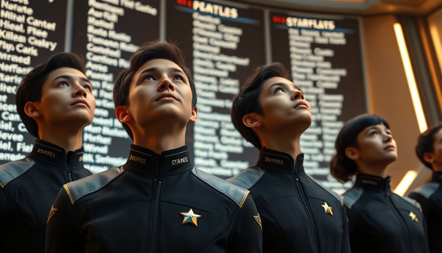Cadets observing Starfleet tribute wall, symbolizing Star Trek franchise evolution.