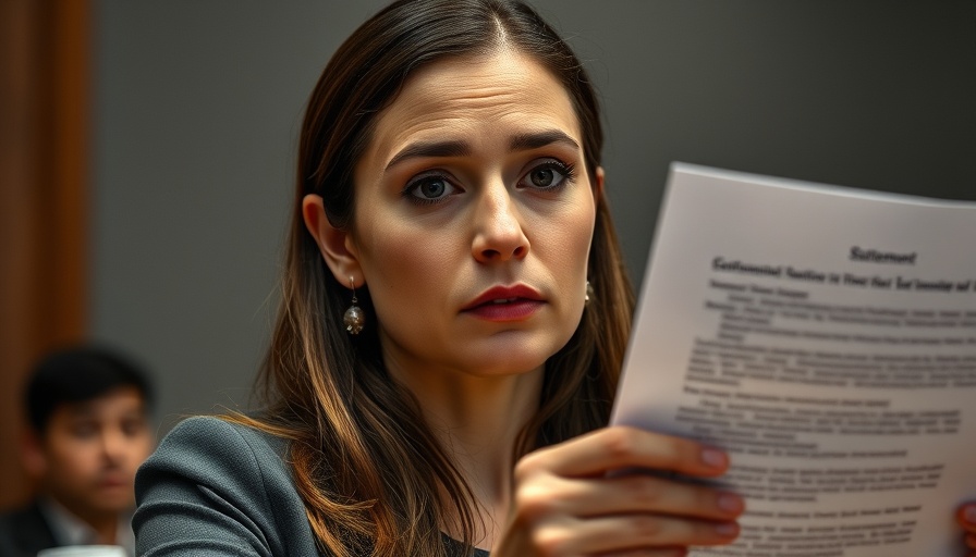 Serious woman reading statement in a courtroom setting.