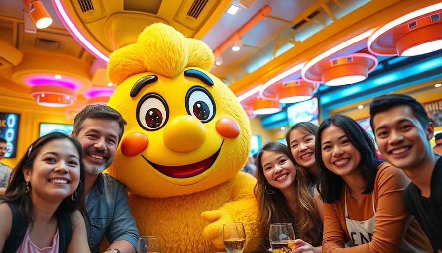 Vibrant social gathering in a futuristic yellow café with a mascot, perfect for social media cover image design.