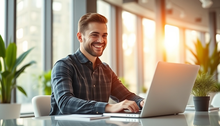 Friendly professional using a laptop in a bright office, highlighting paid website traffic for small businesses.
