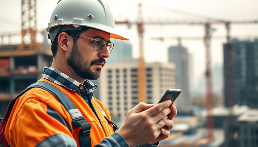 Construction worker using smartphone, outsourcing call answering services.