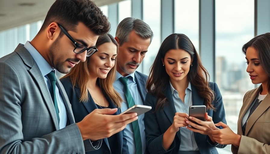 Business professionals using smartphones for AI call answering services in London office.