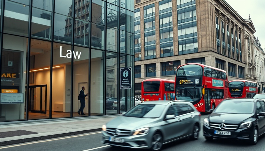 Modern law office in city with red buses, AI call answering services.