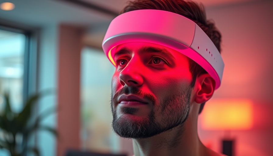 Man demonstrating red light therapy for skin with mask, modern setting.