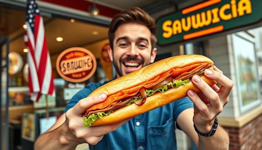 Happy man with a loaded sub outside the best sandwich shop in Los Angeles.