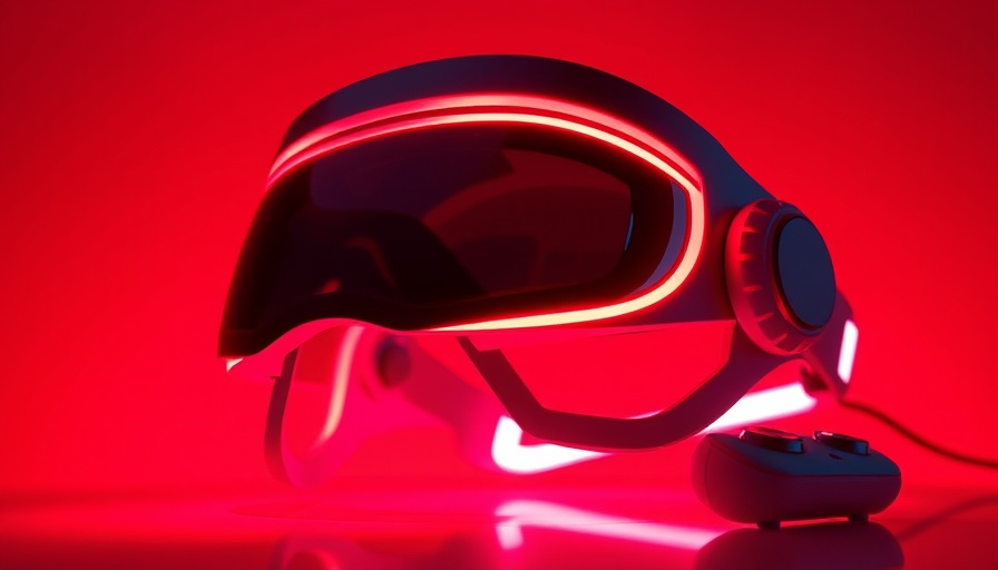 Futuristic red light therapy mask with remote on red background.