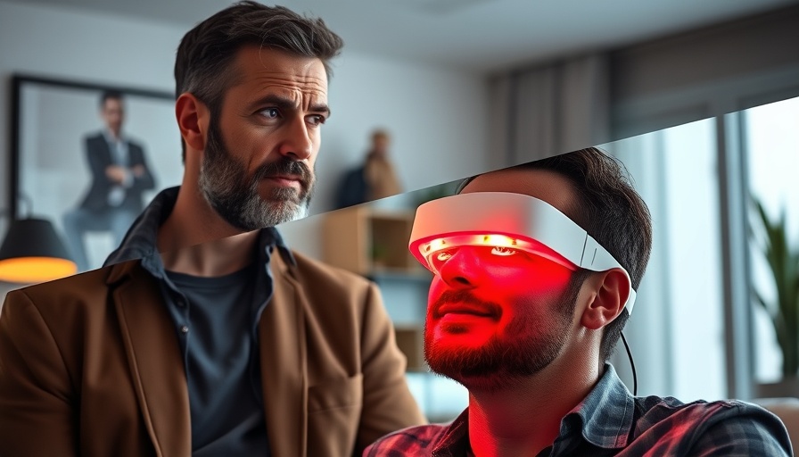 Two men demonstrating red light therapy with LED mask.
