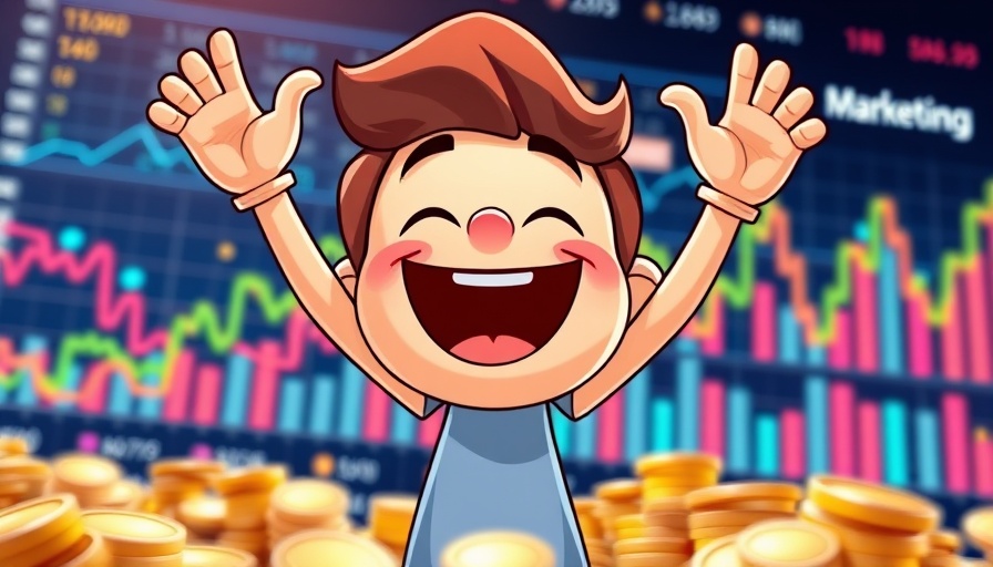 Cheerful cartoon character with coins, programmatic marketing theme.