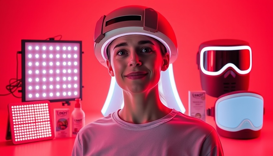 Collage featuring red light therapy devices and a person.
