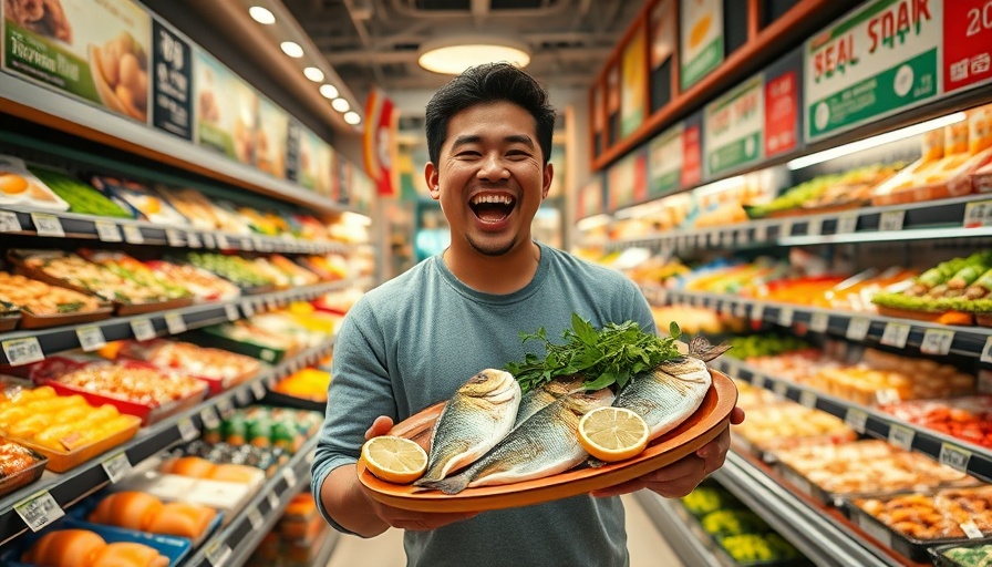 Man showcasing Jeju Island fish in LA Korean market, vibrant setting.