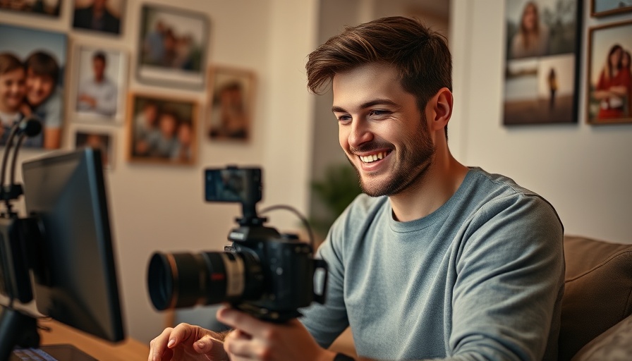 Smiling creator filming short form marketing videos in cozy room.