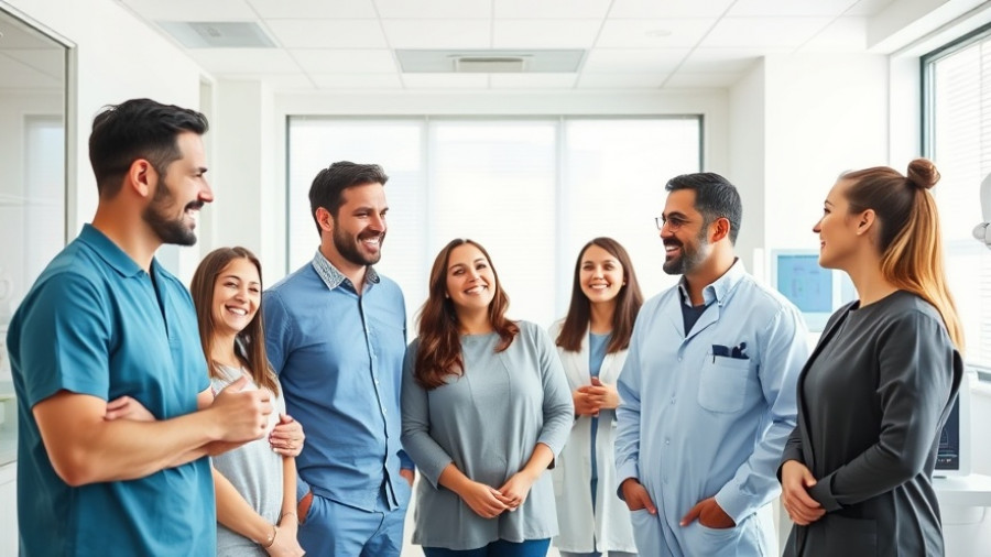 Modern dental clinic in London with staff in conversation.