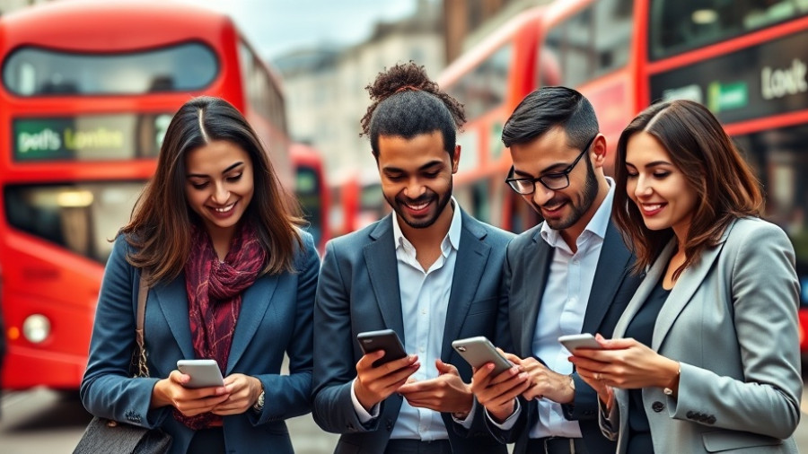 Business professionals in London discussing social marketing services.