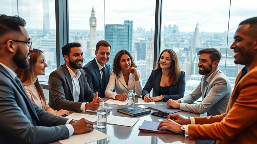 London personal and commercial insurance brokers meeting in modern office.