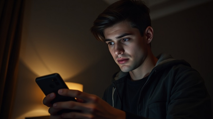 Young man using smartphone in dim room, digital marketing agency context.