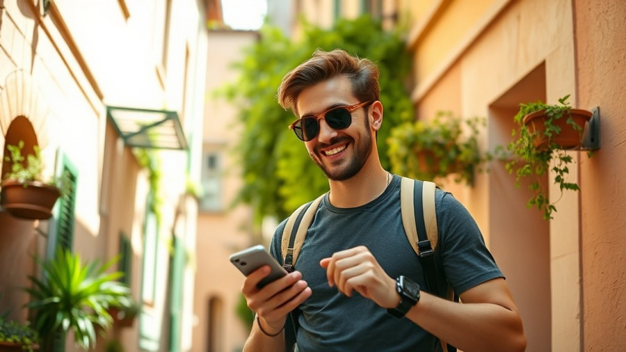 Stay connected while traveling with Airalo, smiling traveler using phone in alley.