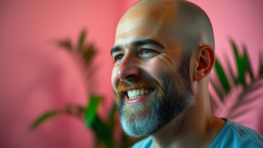 Red light therapy benefits discussed by a smiling bald man indoors.