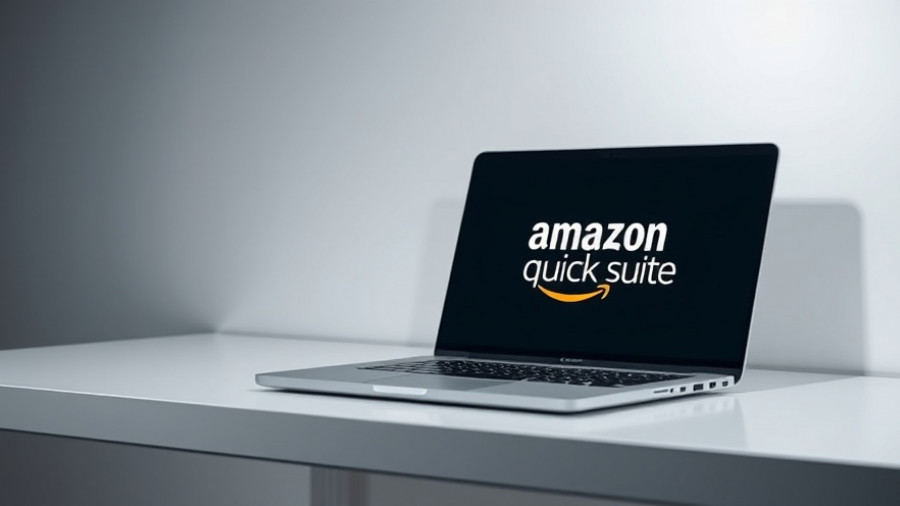 Laptop with Amazon Quick Suite logo, minimalistic setup.