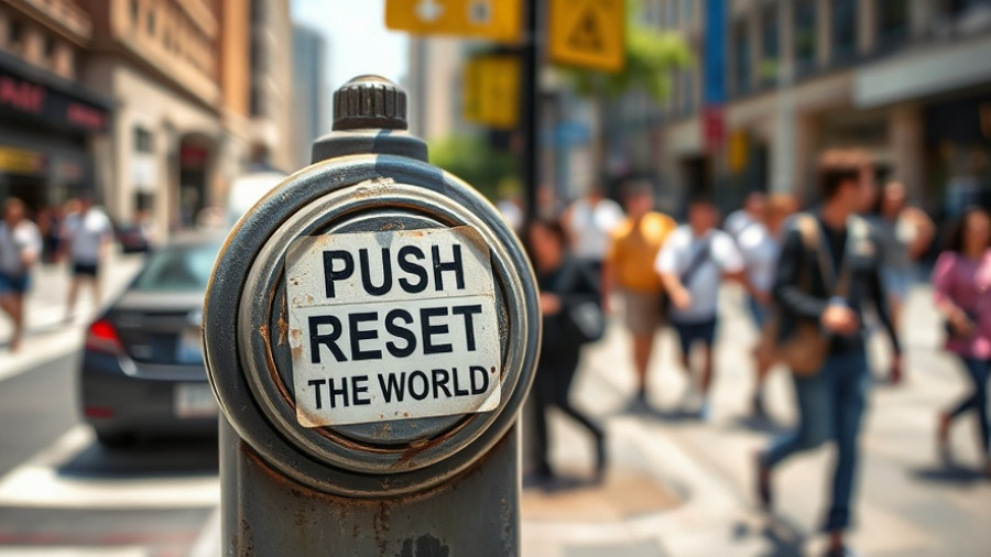 Worn-out street button with 'Push to Reset the World' sticker amidst urban bustle, symbolizing restaurant year-end strategy.
