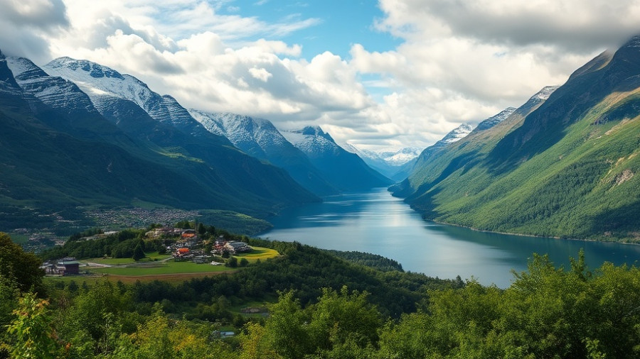 Tranquil fjord landscape in Norway, showcasing mountain and village beauty.