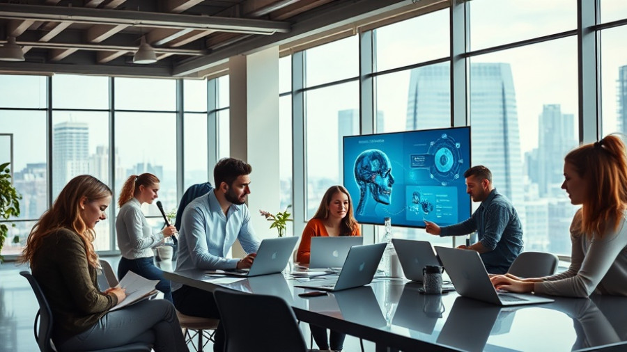 Professionals collaborate on AI marketing strategies for business growth in modern office.