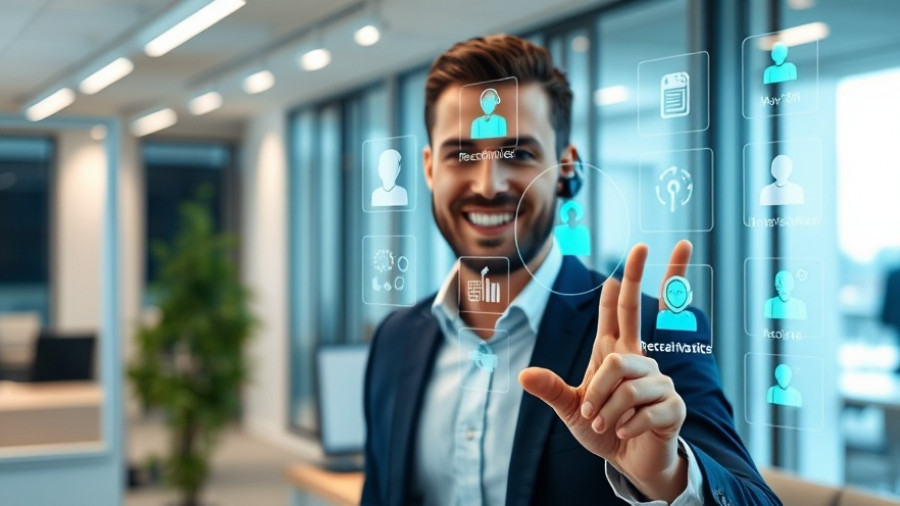 Man interacting with AI virtual receptionist interface in office.