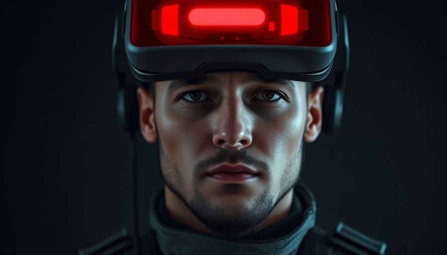 Soldier with Anduril XR headset featuring red visor, dark background.