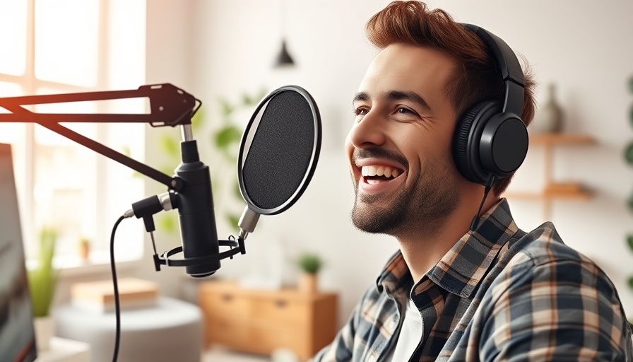 B2B influencer marketing guide: man podcasting in modern office.
