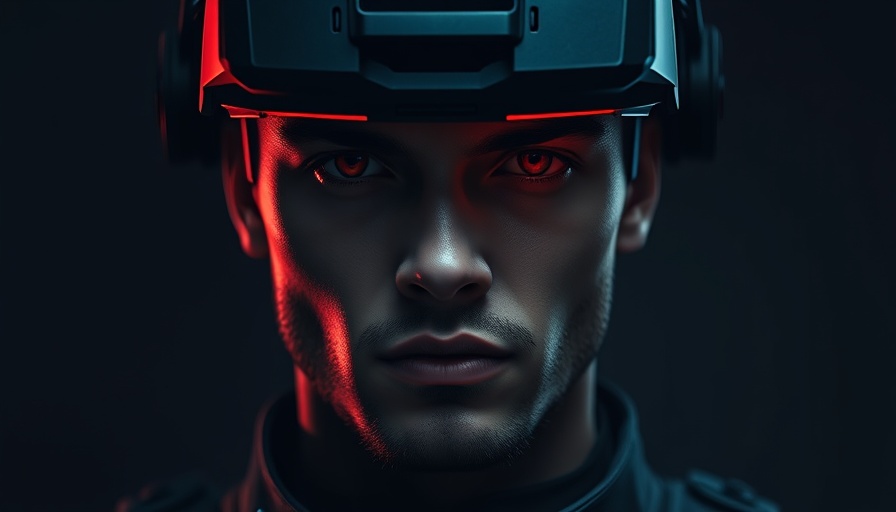 Soldier with Anduril XR headset, red lenses glowing, military tech.