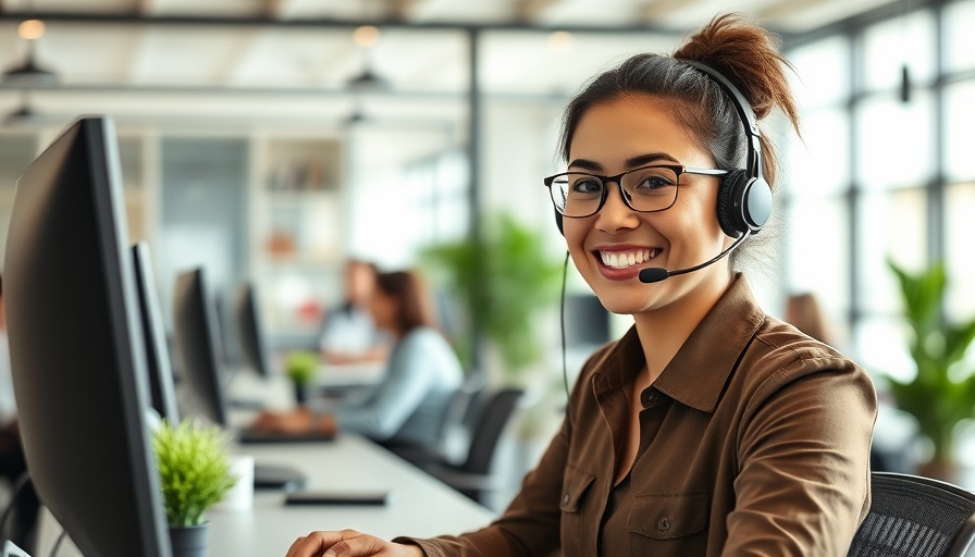 Smiling representative providing 24/7 call answering service in an office.