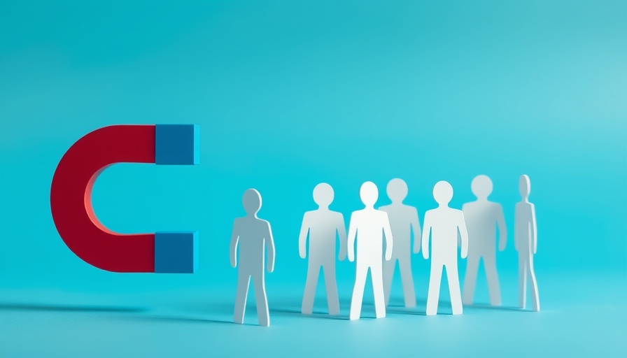 White paper figures attracted by magnet on blue background symbolizing lead generation system.
