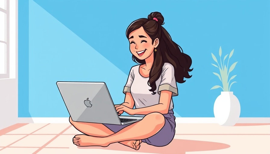 Cheerful woman with laptop researching target market.